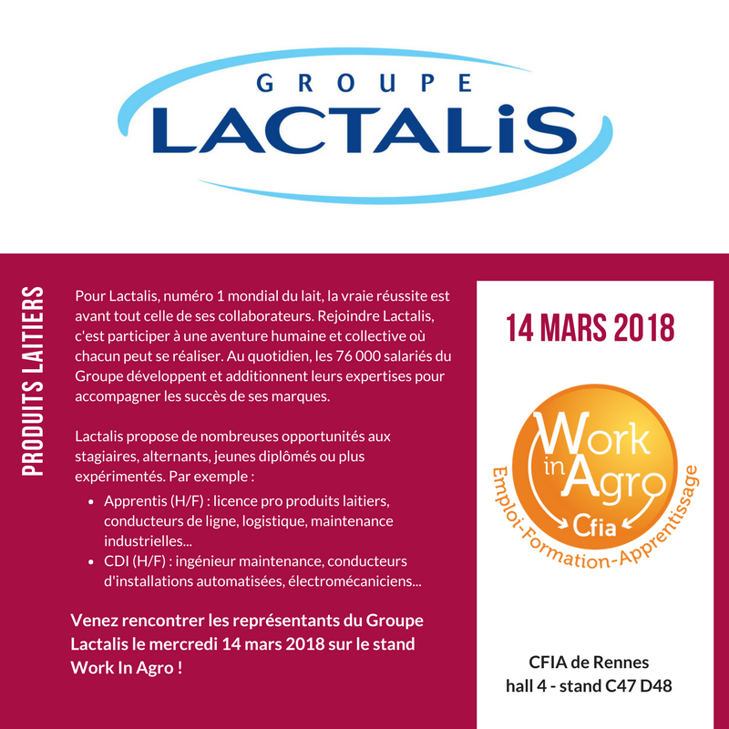 IFRIAOuest's tweet photo. Aujourd'hui, sur le stand #WorkInAgro au #cfia2018, venez échanger avec les représentants de @groupe_lactalis, leader mondial #agroalimentaire 

De nombreux postes en #CDI et #apprentissage sont à pourvoir ! https://t.co/C0WuPNLyNu