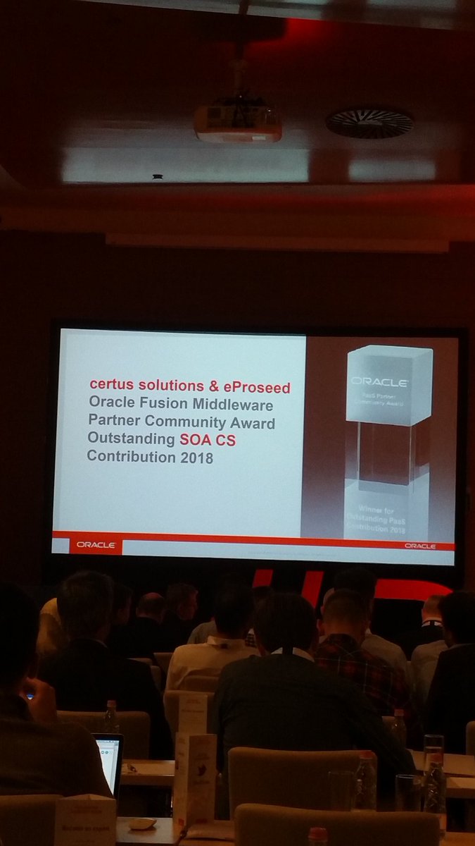 dearora's tweet photo. #PaaSForum Congratulations @lonnekedikmans @debralilley on getting the Community Award for #SOACS!!! Way to go Certus and eProseed! https://t.co/aJ34SRvWHZ