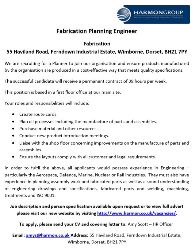 Harmon_Group's tweet photo. New Vacancy - Fabrication Planning Engineer https://t.co/RbL5ACalGX