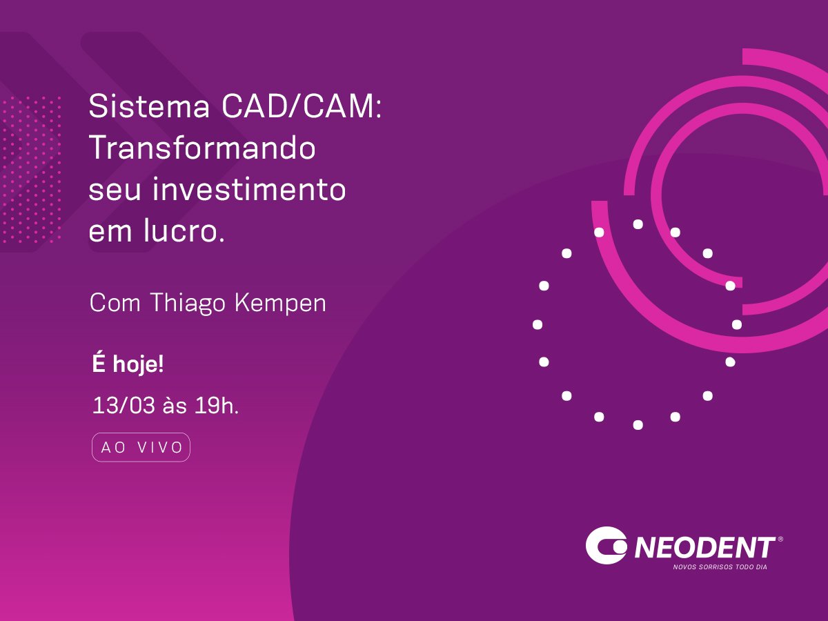 É hoje a videoaula ao vivo do Thiago Kempen: como os sistemas CAD/CAM e a tecnologia podem maximizar seus resultados, trazendo mais lucratividade a você e agilidade aos processos. Acesse neodent.academy e cadastre-se gratuitamente.