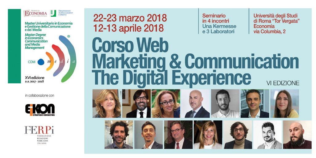 Comunica_Media's tweet photo. La #digitalexperience al centro del seminario di 4 giornate “Web Marketing&amp;Communication” giunto alla VI edizione e promosso da @CaspFerpi e @EikonSC. 4 incontri imperdibili suddivisi in una kermesse e 3 laboratori.
Non mancate! ➡️ Info: casp@ferpi.it 
@SPattuglia @PVercellone https://t.co/KnudctZkXA