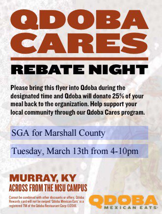 Don’t forget to come out tonight from 4-9 at Qdoba. Make sure to say you want to support Marshall County at the counter!
