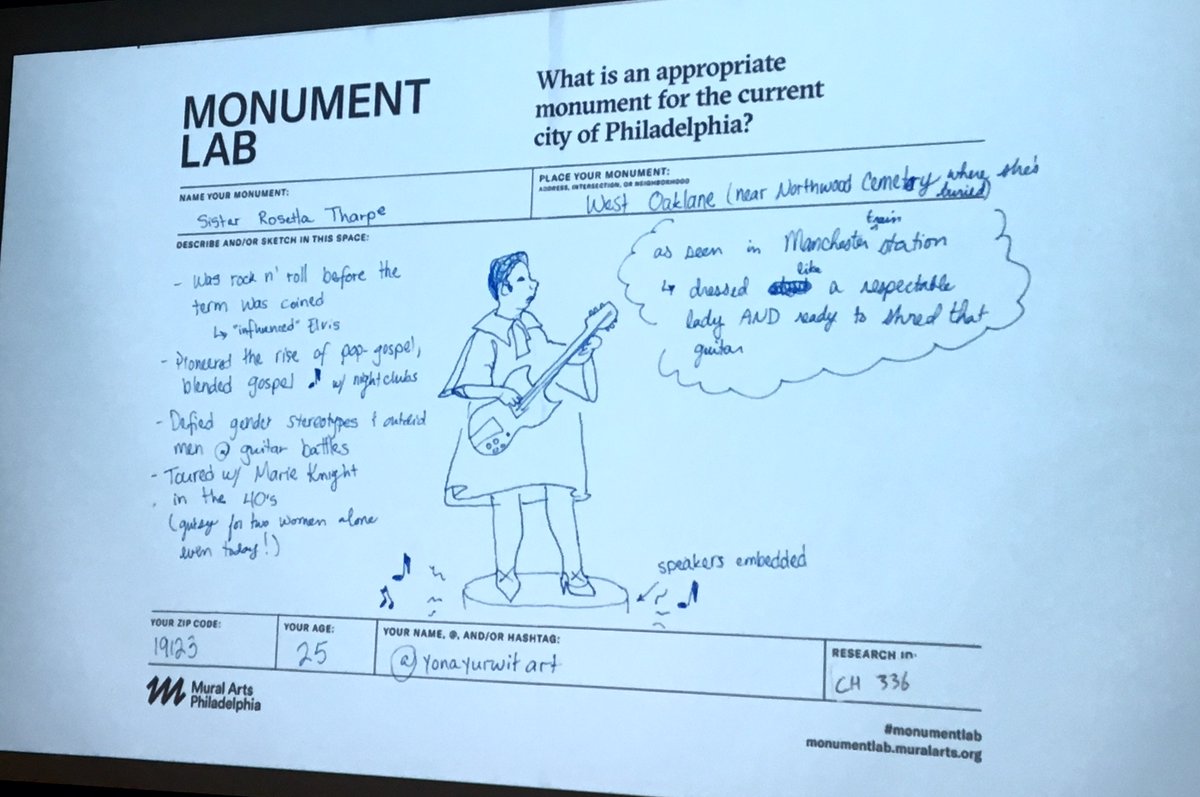 sapienza77's tweet image. The @monument_lab project asked Philadelphians &amp;amp; visitors to submit their ideas for an appropriate monument for Philadelphia, &amp;amp; almost ~5K people answered. Many women wanted a monument of Sister Rosetta Tharpe. I would tend to agree :). #mithdd @librlaurie