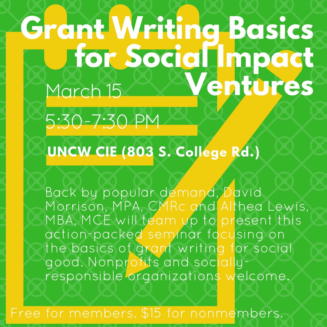 UNCW_CIE's tweet photo. Grant writing for social impact ventures hosted by @dmorriso87 this week! When we did this workshop over the summer, it sold out weeks beforehand. Get your ticket ASAP: https://t.co/rZhc5IyCwG https://t.co/D68BIY6xK5