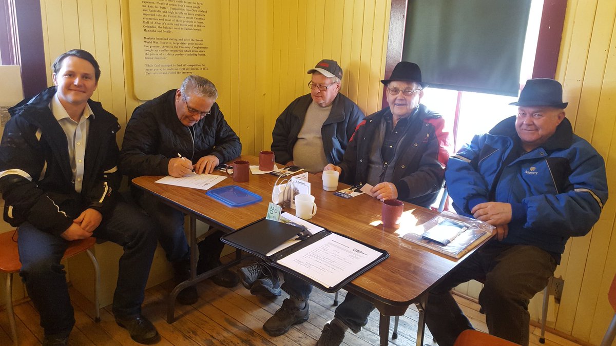 DevinDVote's tweet photo. Lively chat this morning at the #Markerville Creamery! Lots of #UCP support! https://t.co/3g988lRhfy