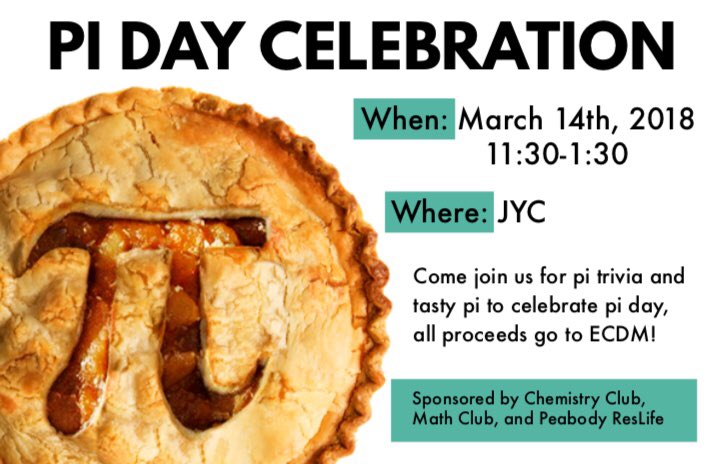 EC_Mathclub's tweet photo. Happy early pi day!! Be sure to check out the celebration with @ECchemclub and Peabody ResLife in the JYC TOMORROW!! https://t.co/UR6WNX8XS8