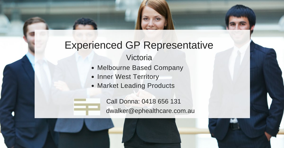 EPHealthcare's tweet photo. We have a Melbourne based role for an experienced #GPRepresentative. Click here to apply https://t.co/k7VH9iWy8P or call Donna on 0418 656 131 for a confidential career chat. https://t.co/j0jgjuuScQ