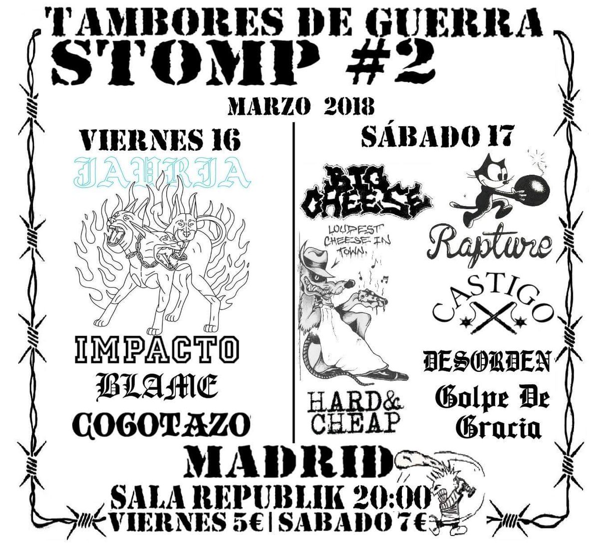 madridbolos's tweet photo. #Viernes 16 &amp; #Sábado 17 #Marzo - Festival #TamboresDeGuerra #2: #Jauría (Lugo), #Blame (EP), #Impacto, #Cogotazo y GrupoSorpresa / #BigCheese (UK EP), #Rapture (UK), #HardAndCheap, #Castigo, #Desorden y #GolpeDeGracia - 20:00H (5€ &amp; 7€)+Bebida (#Madrid) #hardcore #metal #punk https://t.co/Yw7JPZwUdF