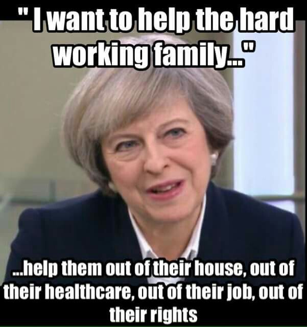 I'm sick of #TheresaMay and her #austerity BS. We are real people with real lives and she has a responsibility to make sure everyone is taken care of. She's a vomit inducing vile woman with a repulsive attitude towards justice and harmony. #ToriesOut #TheresaMayTakesDinnersAway