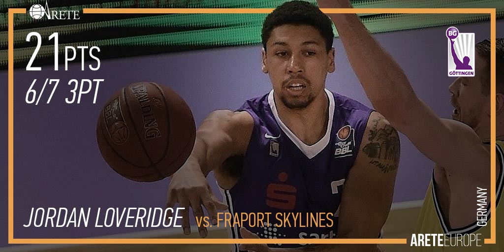 Jordan Loveridge was on fire with 6/7 3pt  and 21pts in <a href="/BGGoettingen/">BG Göttingen</a> ’s win over Fraport Skylines #AreteSports #AreteEurope