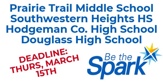 Kansas_KAY's tweet photo. Applications for our #BeTheSpark grant continue to come in! Today we received applications from Prairie Trail Middle School, Southwestern Heights HS, Hodgeman County HS, and Douglass High School! Apps are due THURSDAY! See here for any questions: https://t.co/tXVuVU2v1v https://t.co/b53rlCpHRK