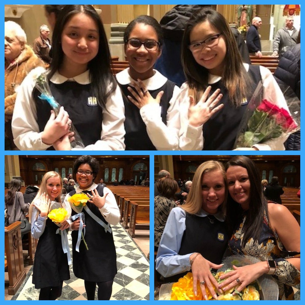 HallahanCGHS's tweet photo. Last night our Juniors received their Hallahan class rings It was a beautiful mass and ring blessing ceremony held at the Cathedral. Congratulations ladies!  #Hallahan #HHProud #Sisterhood #RingMass 💚💙💛❤️ https://t.co/WT0VxcPaxT