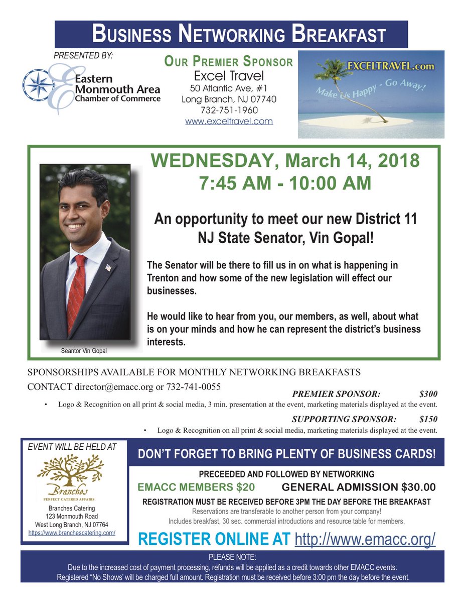 EMACCNJ's tweet photo. TIME IS RUNNING OUT! REGISTER NOW! Connections matter! Attend 2MORROW'S #EMACC #BusinessNetworkingBreakfast & meet #District11 #NewJersey #Senator @vingopal ! Weds, March 14th, 7:45-10AM at @BranchesNJ ! Register https://t.co/mPRMeaHXFM. #EMACCNJ #Networking #MonmouthCounty https://t.co/73ofeFECnB