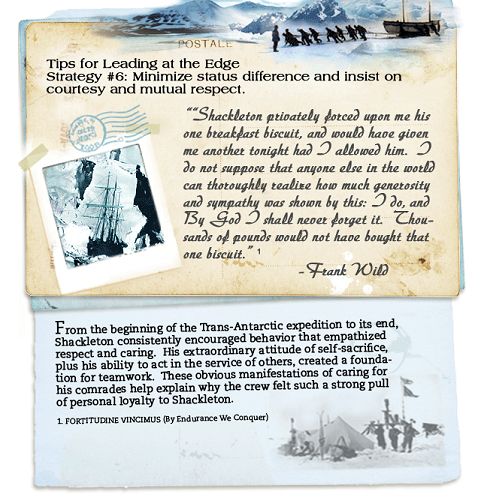 DNTP's tweet image. Sharing my Ten Critical #Strategies for #Leadership, one postcard at a time! Here is Strategy #6: Minimize status differences and insist on #courtesy and mutual #respect.  #Shackleton #Endurance #Loyalty #Teamwork