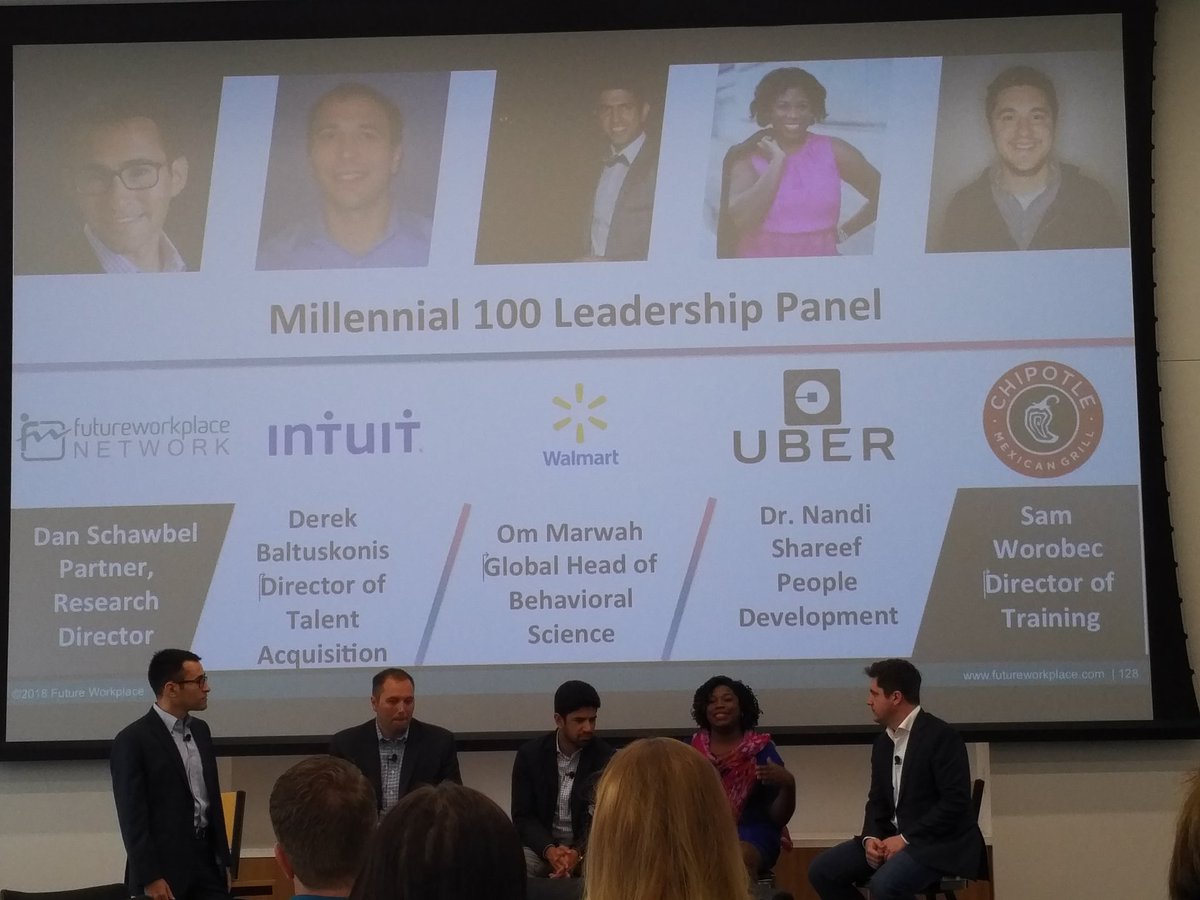 JillSkene's tweet photo. Incredibly insightful and engaging Millennial Leadership panel at #FutureWorkplaceSummit including @Intuit @Walmart @Uber and @Chipotle Challenging the audience: how do leverage the best tech solutions, while maintaining #EmployeeEngagement https://t.co/i6oWUYiG99