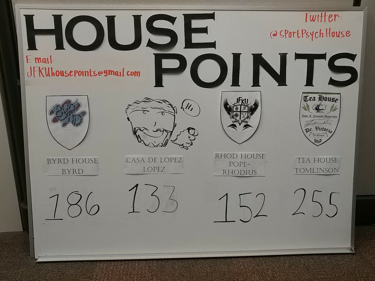 We have a new leader!! Tea House with 255 points (up 90 points). 2nd place is the Byrd House with 186 points (up 42 points). 3rd place is the Rhod House with 152 points (up 8 points) and taking 4th is Casa de Lopez with 133 points (up 47 points).