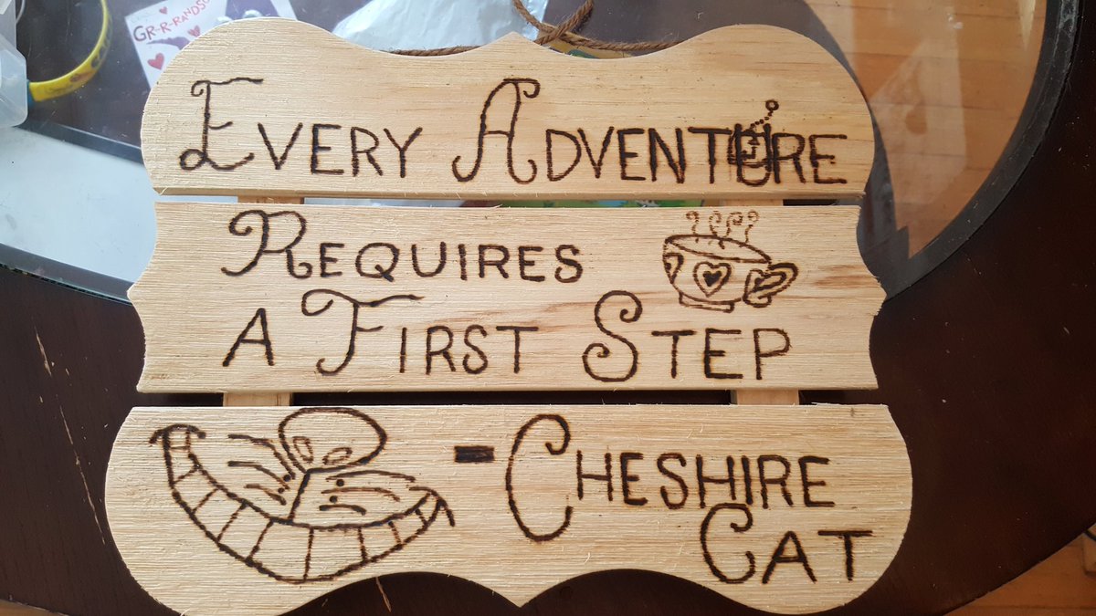Cinder__Craft's tweet photo. #burntmarch challenge today is a quote! Chose one of my favourites 😍 #communityovercompetition #cindercraftdesign #pyrography #woodburning #aliceinwonderland #cheshire #cheshirecat #tea #pocketwatch #adventure #burnbabyburn #wood #handmade #pyro https://t.co/XTY1xbXvPK