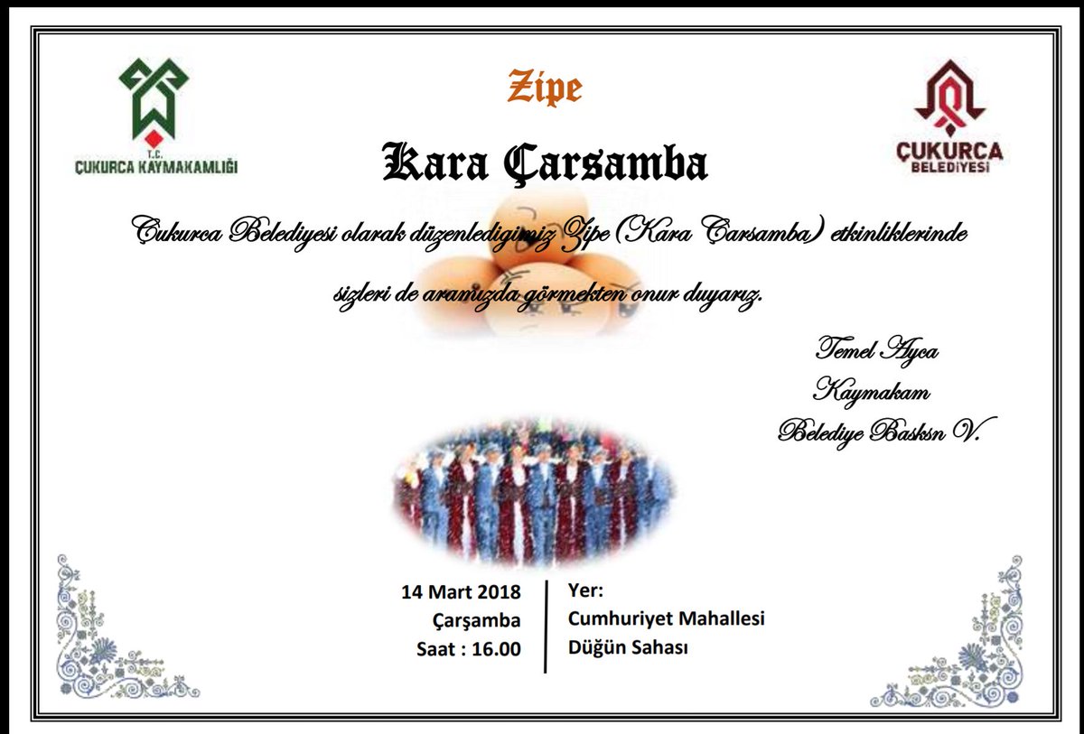 cukurcacekap's tweet photo. ZİPE (Kara Çarşamba) kutlamaları, 14 Mart 2018 Çarşamba Saat: 16.00’da Cumhuriyet Mahallesi Düğün Sahasında yapılacaktır. Yemek ile başlayacak kutlamalar halay, müzik ve yumurta tokuşturma etkinlikleriyle ile devam edecektir.  Etkinliğe tüm halkımız davetlidir.

#hakkari #çukurca https://t.co/adhxhdrT33