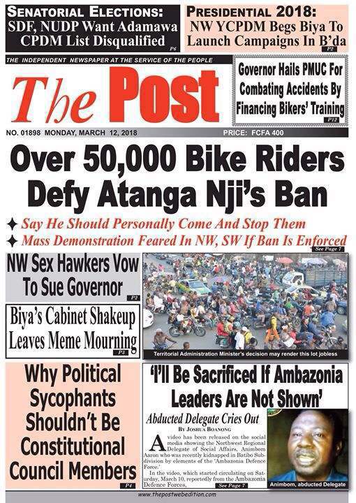 ComfortMussa's tweet photo. Last Friday, @KahWalla &amp; tens of women- Mothers of the nation staged a march in Yaoundé. Some of the women were arrested &amp; later released.

Wondering y it didn't feature on any of the cover pages of local newspapers this week.
@Abakwagirl  @dibussi @Mimimefo237 @AmbeMacmillian https://t.co/vMeHtv6Ue4