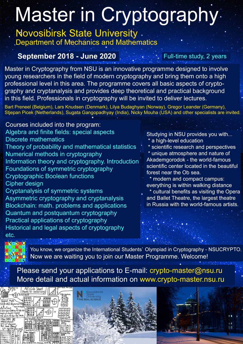 NSUcryptomaster's tweet photo. Dear friends, we would be very grateful if you spread the information about our Master programme! Thanks a lot! #NSUCRYPTO #NSU #MasterinCryptography https://t.co/YVWO5CYRaP