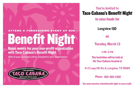 EastTexasReads's tweet photo. If you can’t make the #TacoTuesday reading night or you need something quick pop into Taco Cabana &amp; help support the #EastTXReads reading initiative. A huge 20% of the proceeds from tickets go back to #EastTXReads. Just show them this digital flyer at checkout. https://t.co/CGZn0j05fJ
