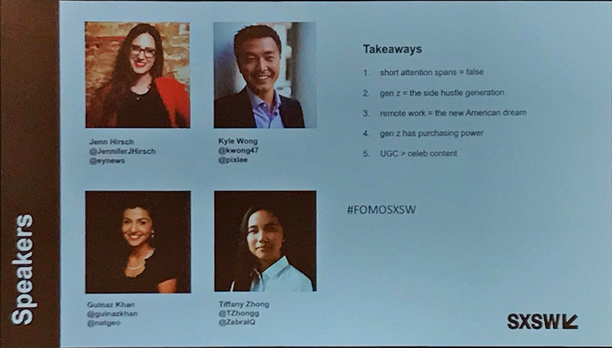 AnserShock's tweet photo. Time learn more about the next gen audience: Gen Z #sxsw #sxsw2018 #FOMOSXSW with @JenniferJHirsch @gulnazkhan @TZhongg and @kwong47 #HighOnOD https://t.co/CJU4UKrFMS