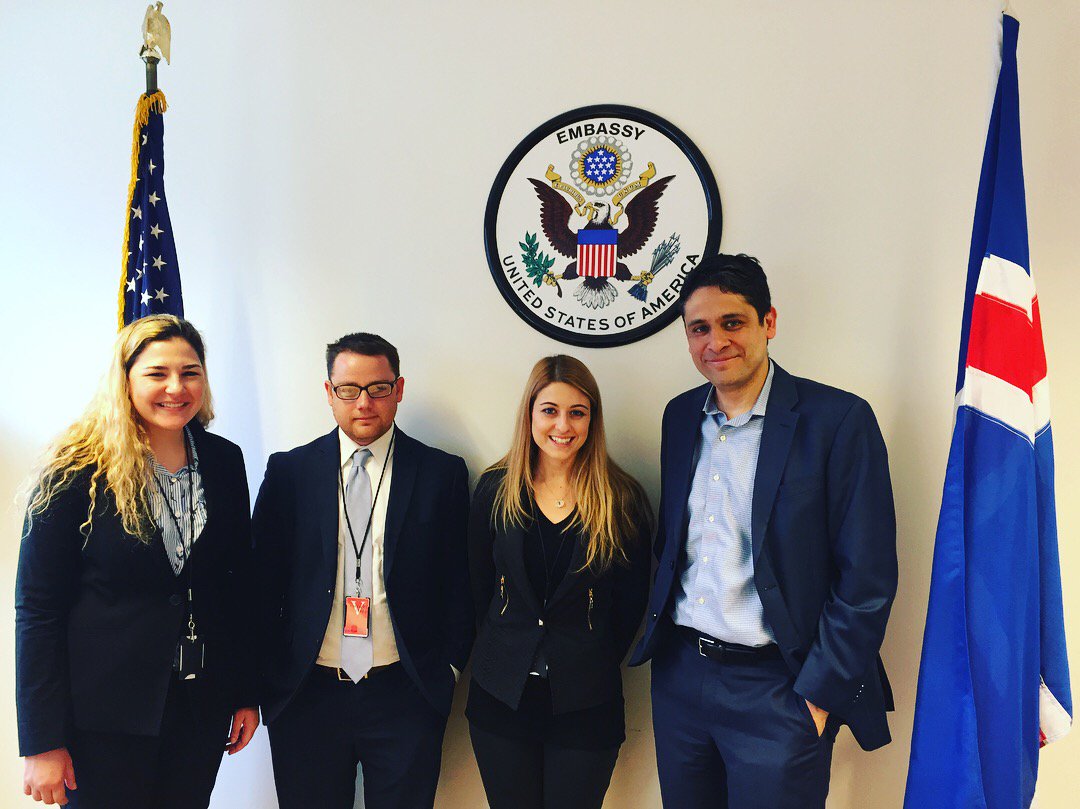 USC_SPD's tweet photo. 2nd year @USC #MPD students Justin Chapman, Ali DeGuide, and Madison Jones had more great discussions on #publicdiplomacy today with María Mjöll Jónsdóttir of the #Iceland Ministry of Foreign Affairs and Public Affairs Officer Oscar Avila at the U.S. Embassy in #Reykjavik. https://t.co/dtZ5Nj59DE