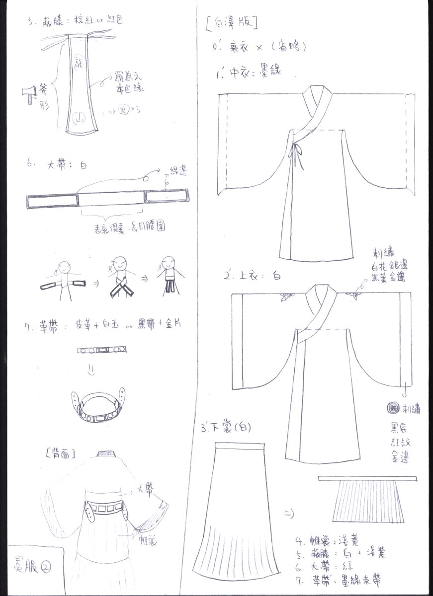 [資料] 漢服の参考資料と自分の（下手な）デザイン画
主な内容は正裝の冕服。周朝と漢朝と明朝を混ぜる。
白澤さんの服の配色が違式なので、參考文獻の正裝冕服が完全一致しません。（黑x赤、文獻は鬼灯さんの色。）
自分のデザイン：裏衣省略された。中單→下裳の追加。上衣→直裾深衣。