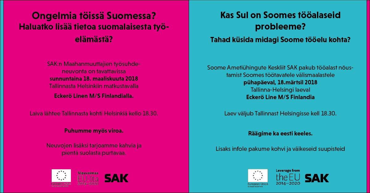 EveKyntaja's tweet photo. Soome Ametiühingute Keskliit pakub tööalast nõustamist eestlastele, kes #Soomes #tööl 18.3.Tallinn-Helsingi laeval @duunarit @peeppeterson https://t.co/6uzmcTAm1m