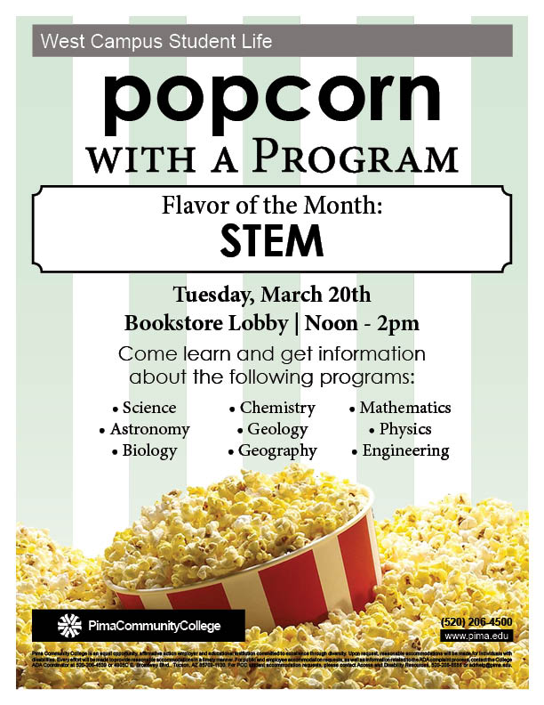 PimaFYE's tweet photo. Like #free #popcorn? Wanna learn more about PCC's #STEM programs &amp; clubs? Join us at #PopcornwithaProgram next Tues 3/20 at West Campus Noon-2pm. #Science #Tech #Engineering #Math #FYEatPimaCC @StudentLifeWC  

#FYEPassportProgram #FYEWorkshop #Belonging https://t.co/bXXdorXDfh