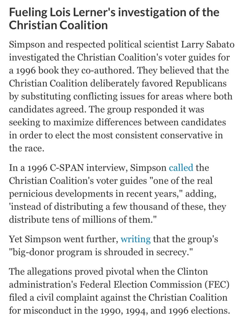 (17)  #GlennSimpson and  #LarrySabato also “investigated” the Christian Coalition ominously reporting they were shrouded in secrecy, this sparked  #BillClinton FEC lawsuit that would only be dismissed after a long, bitter battle  #FusionGPS  #Obamagate