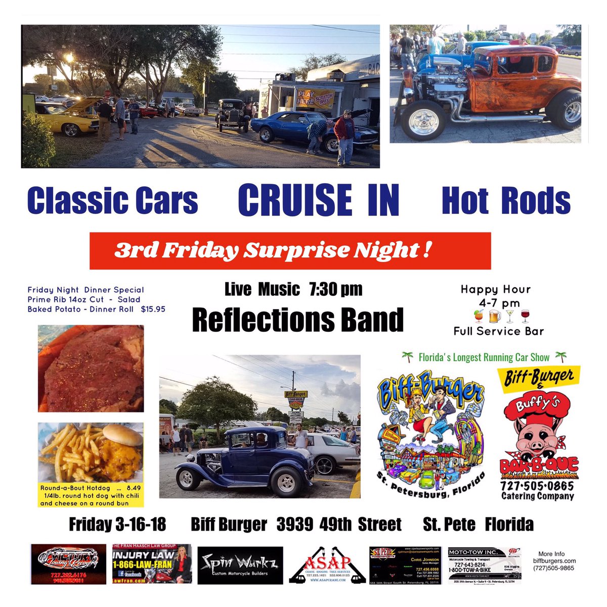 BiffBurger_FL's tweet photo. #ClassicCars  #HotRods #CruiseIn 🌴 Surprise Give Away Night - Cruise back to yesteryear see the beautiful classics while enjoying oldies🎧preformed by 🎸 The Reflections Band 
Tonight's Special on the menu - Buffy's Prime Rib slowly roasted all day #stpete #tampa #sunshineshere https://t.co/STQbf9PW6I