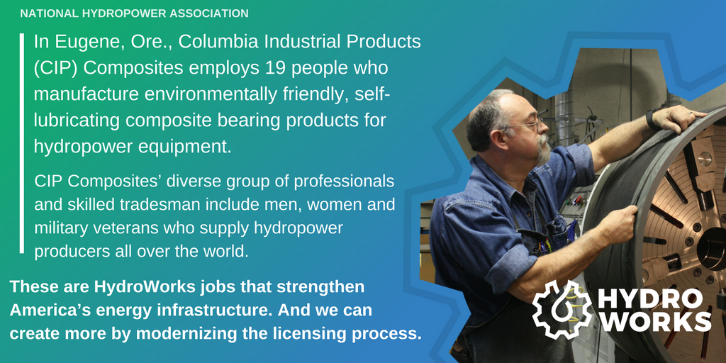 NatlHydroAssoc's tweet photo. What's a #HydroWorks job? In Eugene, OR, @cipcomposites employs 19 people who manufacture bearings and wear pads in #hydropower equipment. Modernizing the licensing process helps them create jobs. https://t.co/U4fvn1Yjk0 @RonWyden @SenJeffMerkley @RepPeterDeFazio https://t.co/sYvlHs3Lff