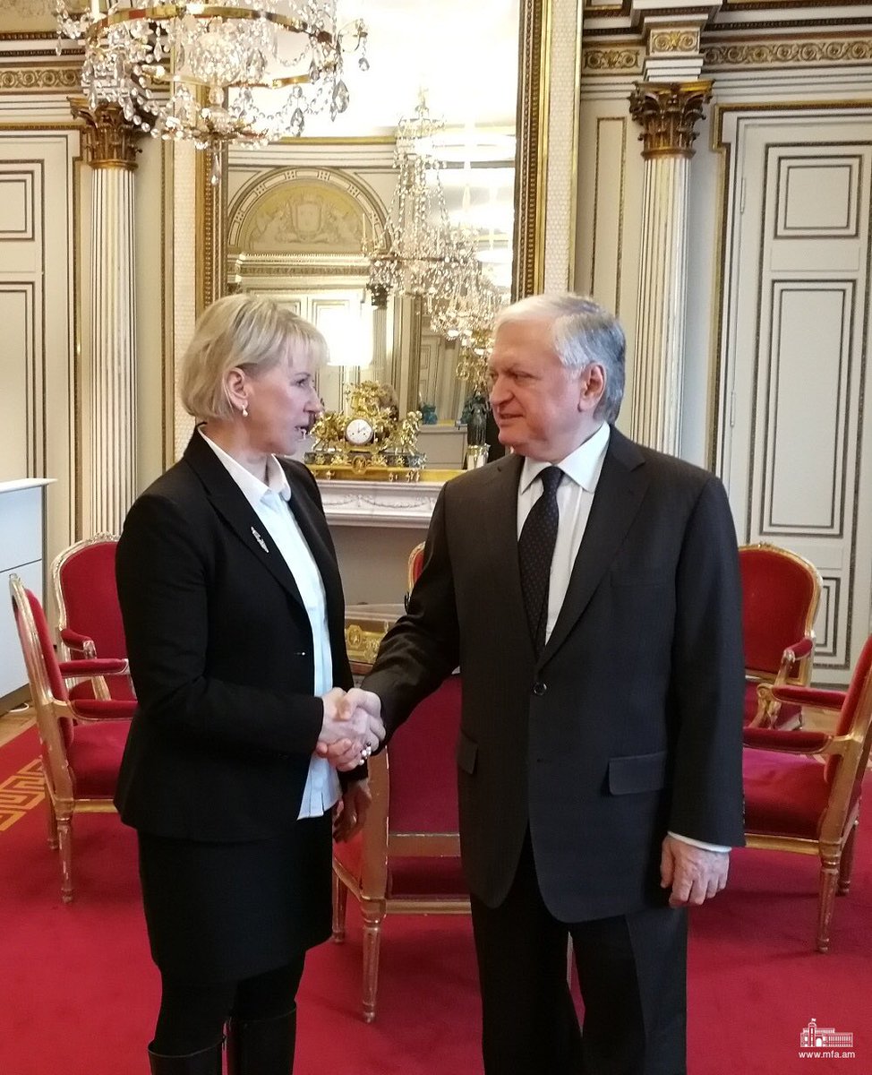MFAofArmenia's tweet photo. In #Stockholm FM🇦🇲#Nalbandian met #Sweden🇸🇪 FM @margotwallstrom. Initiatives by Armenia and Sweden to prevent genocide and crimes against humanity were touched upon. E. Nalbandian presented M.Wallström book about Swedish missionary Alma Johansson's efforts during #ArmGenocide https://t.co/ao6xO8ynei