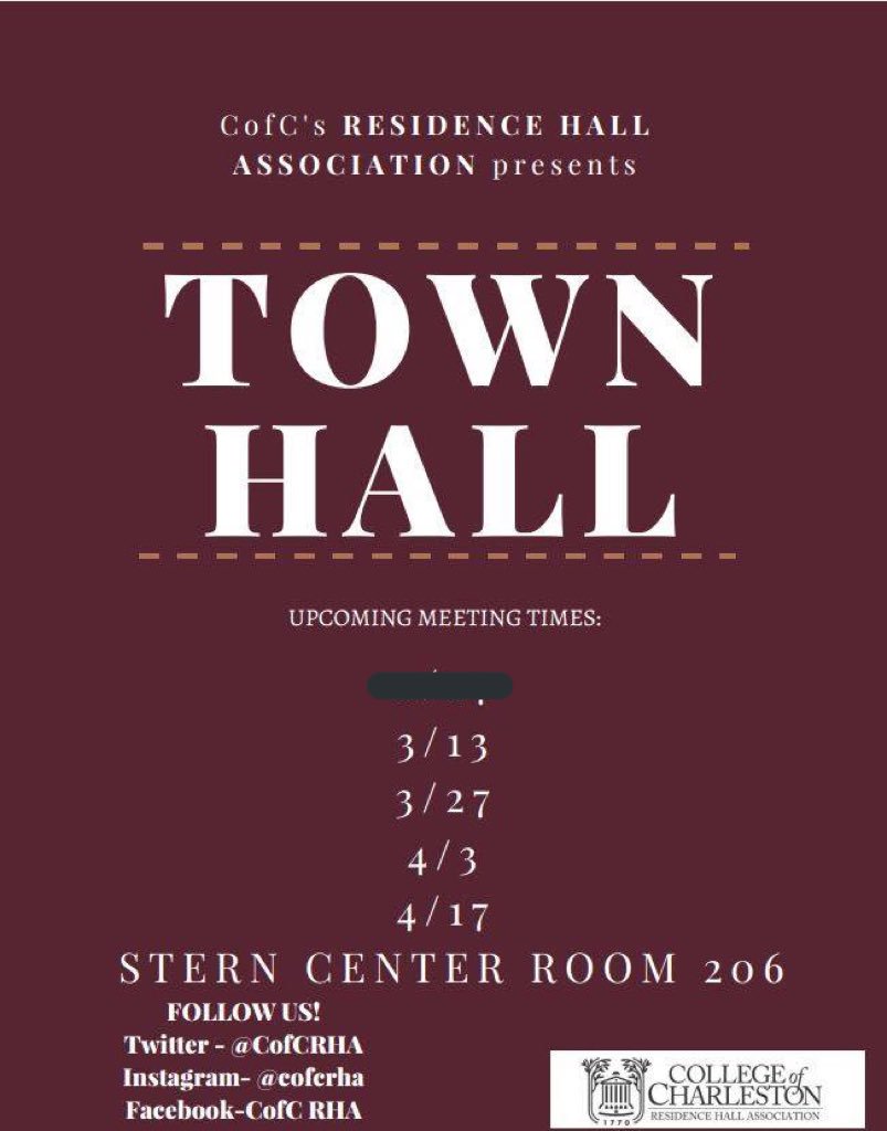 Be sure to stop by TONIGHT@ 6:30 with any questions or concerns regarding your residence hall. We’re here to help you feel at home at CofC! 🐾  #cofcrha #townhall