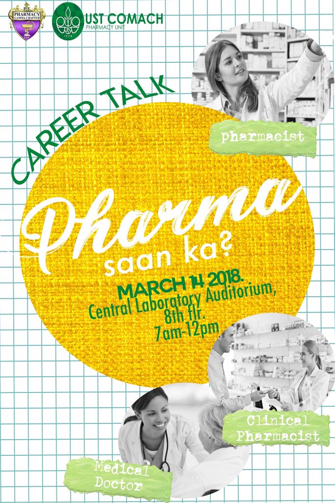 USTCOMACH_PHA's tweet photo. "Ano plano mo pag ka graduate mo?"
Come join us as 3 speakers who have established themselves in their chosen field share their experience and tips
The speakers for the event: 
Romulo S. de Villa, MD, PhD, Cert. Biochem 
Kurt Kaizer Y. Ong, Rph
Ser Loisse R. Mortel MSc pharm, Rph https://t.co/RXrWWvc2lL