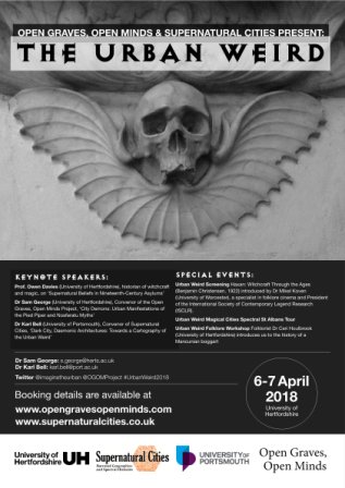 OGOMProject's tweet photo. First look at our fab poster for OGOM &amp; Supernatural Cities present 'The Urban Weird', 6th-7th April. Fee includes keynotes, panels and papers, Magical Cities Spectral St Albans Tour, Boggart workshop, Urban Weird film screening and discussion #UrbanWeird2018 @imaginetheurban https://t.co/IJpCBiAUoc