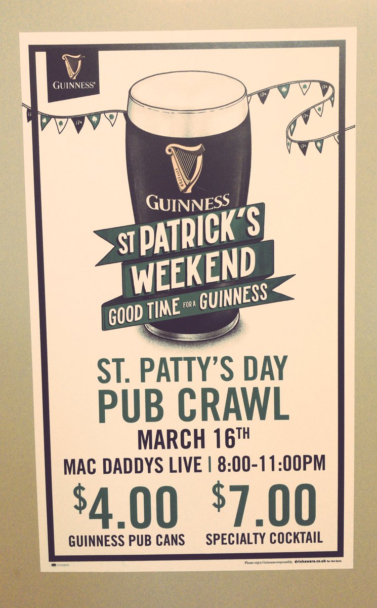 Join us for the St. Patrick’s Day Pub Crawl THIS FRIDAY 🍀

🎙Mac Daddys LIVE music (8-11PM)
🍺 Beer Specials
🥃 Cocktail Specials