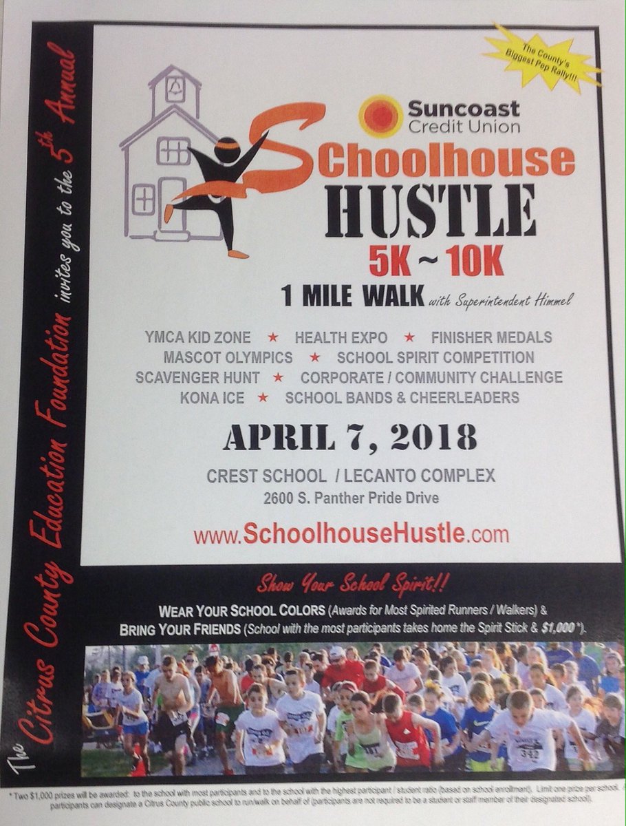 CBosse_CRE's tweet photo. Calling all Hornets and families!  Join us on April 7th for the Schoolhouse Hustle.  Proceeds benefit the Citrus County Education Foundation.  Spread the word. https://t.co/3ejUWoKH01