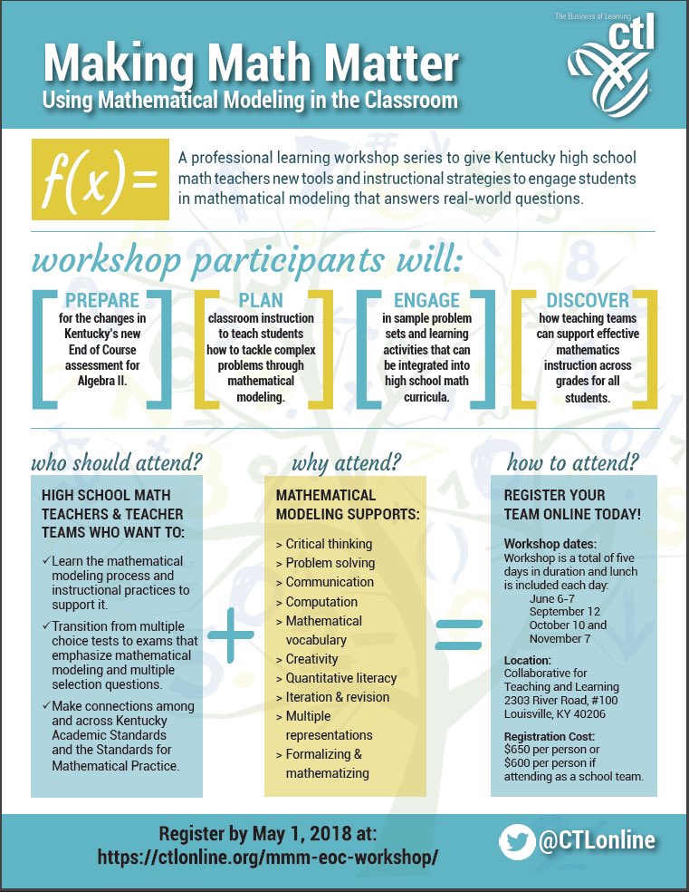 messer_rita's tweet photo. Want to learn more about:  Using Mathematical Modeling in the Classroom?  https://t.co/KB7QQ964EU  @CTLonline #CTLinvent https://t.co/7BLp4JoRjj