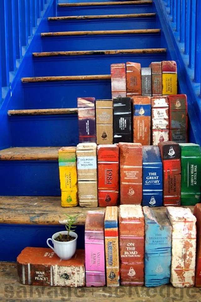Paperbacks_Plus's tweet photo. "Everything starts with one step, or one #brick, or one word or one day." ~Jeremy Gilley @JeremyGilley 

#Bricks #painted to look like #books. 
#Salvage and Selvedge https://t.co/OvhxgzAtcv 

#onestep #stairs #dyi #reader #booklover #craftproject #paintedbricks #classics #bookart https://t.co/h096909UfA
