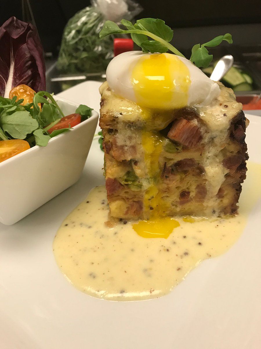 ChefJuliette's tweet photo. Savory bread pudding made with day old croissants, baked ham, leeks, gruyere, Dijon and a soft egg   #outtolunch #dailyfeatures @BurlingtonGolf https://t.co/XlZ2H3bJAo
