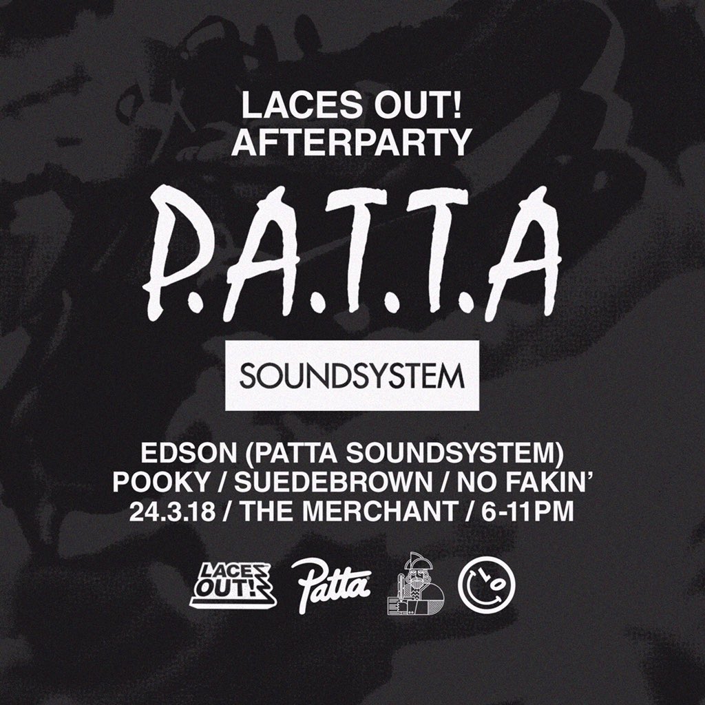 lacesoutfest's tweet photo. Too official.
LACES OUT! Afterparty at @themerchantliverpool with @edsonsabajo @pattasoundsystem / @_pooky_dj / @suede.brown / @nofakinthefunk / 24.3.18 / 6-11pm.
#lacesoutfest #pattasoundsystem #patta #bonsaihifi #suedebrown #nofakin #themerchant https://t.co/uOraam8f9w
