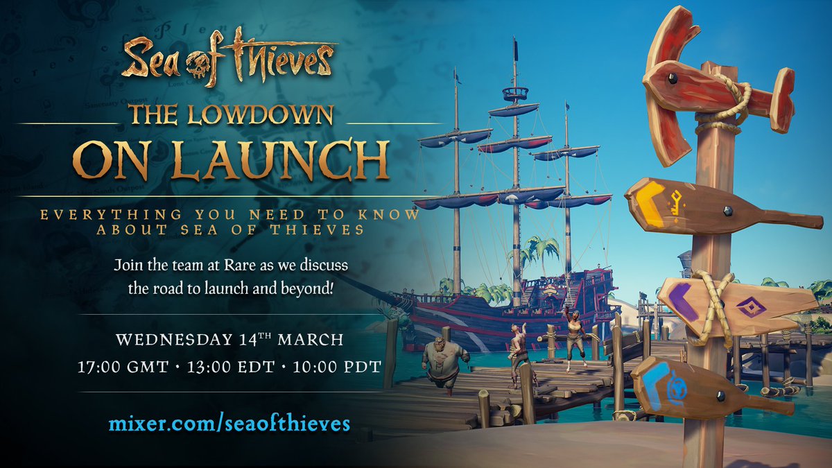 SeaOfThieves's tweet image. Tune in tomorrow for our Lowdown on Launch live stream from Rare HQ! It’ll be packed with info on all you need to know about #SeaOfThieves, launch events and a live Q&amp;amp;A with the team. More details: bit.ly/SoTStream