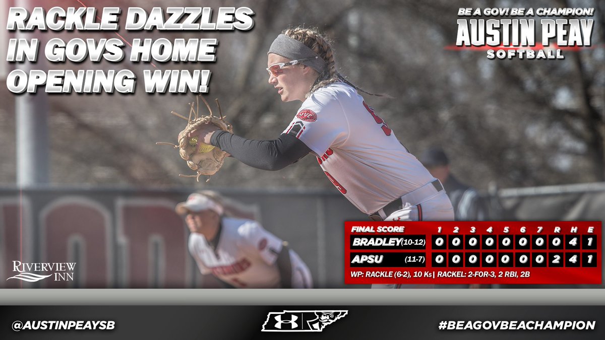 GovsSB's tweet image. Morgan Rackel did it all! 

She tossed her 3rd shutout of the season, the team's 5th, and drove two runs in bottom of the 6th with a double to give us the 2-0 win in the home opener!

The W keeps us off to the best start in program history!

#LetsGoPeay🎩👌 
#BeAGovBeAChampion🏆