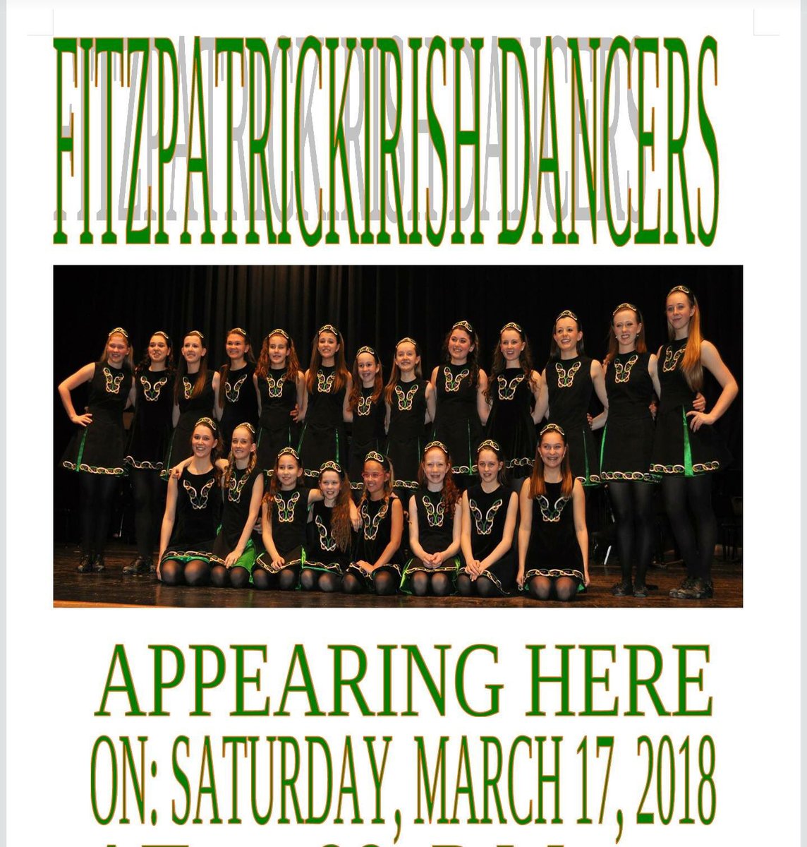 FINALLY IT'S ALMOST HERE AND IT'S A SATURDAY! FITZPATRICK IRISH DANCERS WILL BE HERE AT 2PM,WE HAVE IRISH FOOD ALL DAY, GREEN MILLER LITE, $4 BUD AND BUD LIGHT 16OZ BOTTLES, JAMESON FLIGHTS, MINT WHISKEY CAR BOMBS, AND TONS OF GIVEAWAYS. AT NIGHT FISH OUT OF WATER WILL PERFORM
