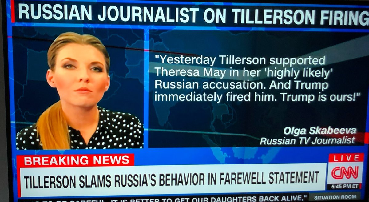 ***********BREAKING***********

“Yesterday Tillerson supported Theresa May in her ‘highly likely’ Russian accusation. And Trump immediately fired him. Trump is ours!” - Olga Skabeeva on the Russian equivalent of 60 minutes. 

#Tillerson #Trump #TrumpRussia #TrumpColluded #Putin