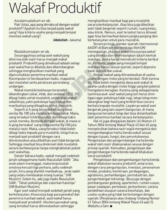 onisahronii's tweet photo. "Wakaf Produktif"
Koran Republika, Rabu/14 hal. 20 (Konsultasi Syariah setiap Senin dan Rabu)
#indonesia #islamiceconomics #islamicfinance #ekonomisyariah #ekonomiislam #dutaekonomisyariah #shariaupdate #iaeiindonesia #mes #fikihmuamalah #fikihmuamalah… https://t.co/MQ0RjZuy5N https://t.co/R43L7bXprM