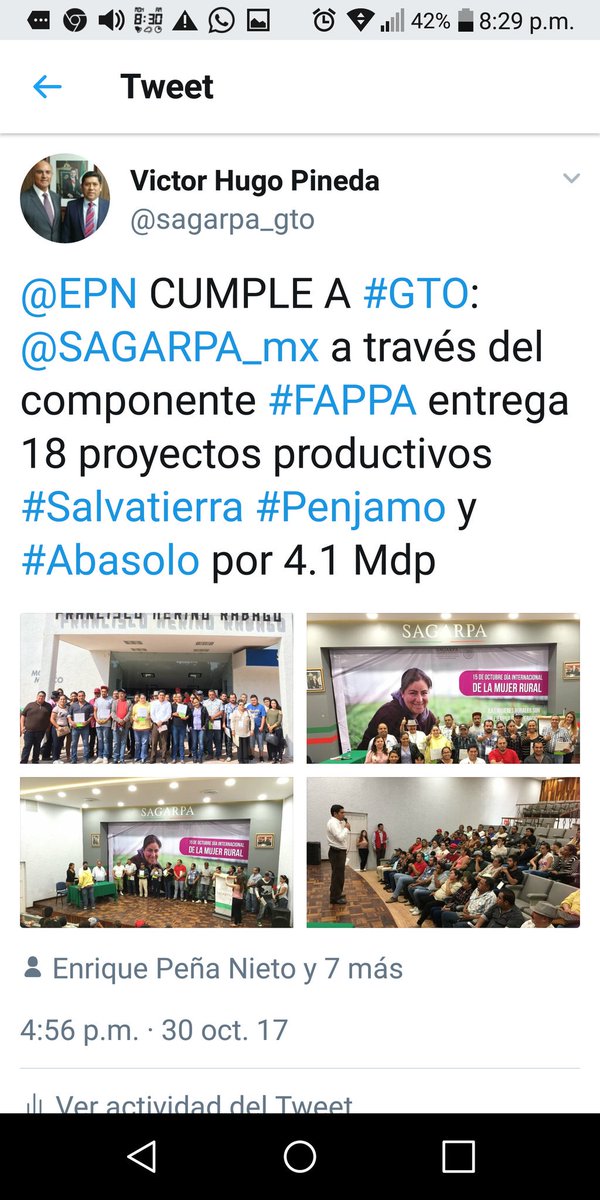 AgroMatch_Gto's tweet photo. Durante el 2017 el #GobiernoDeLaRepublica de @EPN a través de la @SAGARPA_mx con el programa #ProyectosProductivos #FAPPA destinó a #Guanajuato más de 40.6 Mdp en beneficio de 952 #Familias, 628 de ellas encabezadas por #Mujeres #ProyectosDeVida https://t.co/nzSxEBD9vp