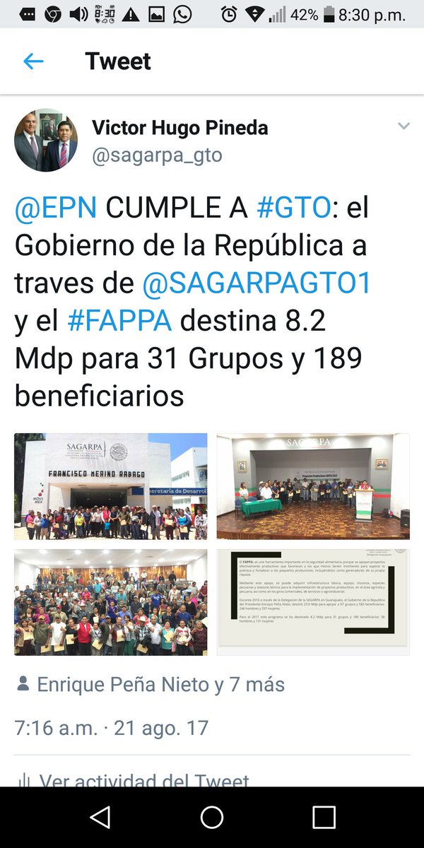 AgroMatch_Gto's tweet photo. Durante el 2017 el #GobiernoDeLaRepublica de @EPN a través de la @SAGARPA_mx con el programa #ProyectosProductivos #FAPPA destinó a #Guanajuato más de 40.6 Mdp en beneficio de 952 #Familias, 628 de ellas encabezadas por #Mujeres #ProyectosDeVida https://t.co/nzSxEBD9vp